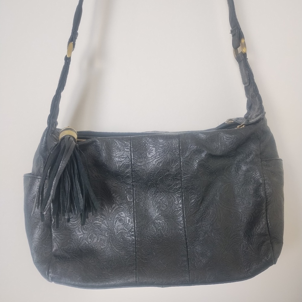 Studio Works Vtg Crossbody Shoulder Bag Black Tooled Leather Tassel Boho Western